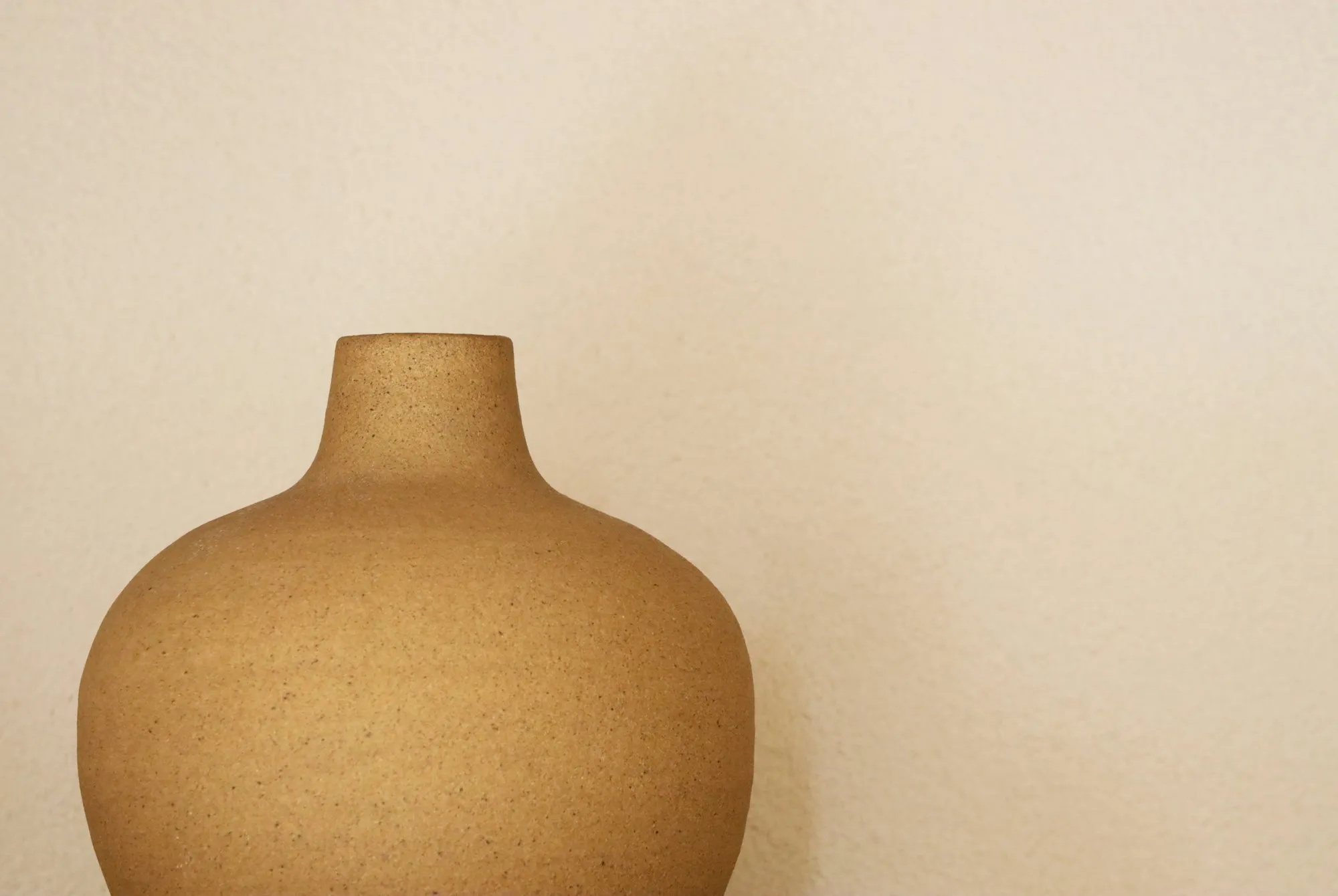 Hand-thrown clay vase against a plaster wall
