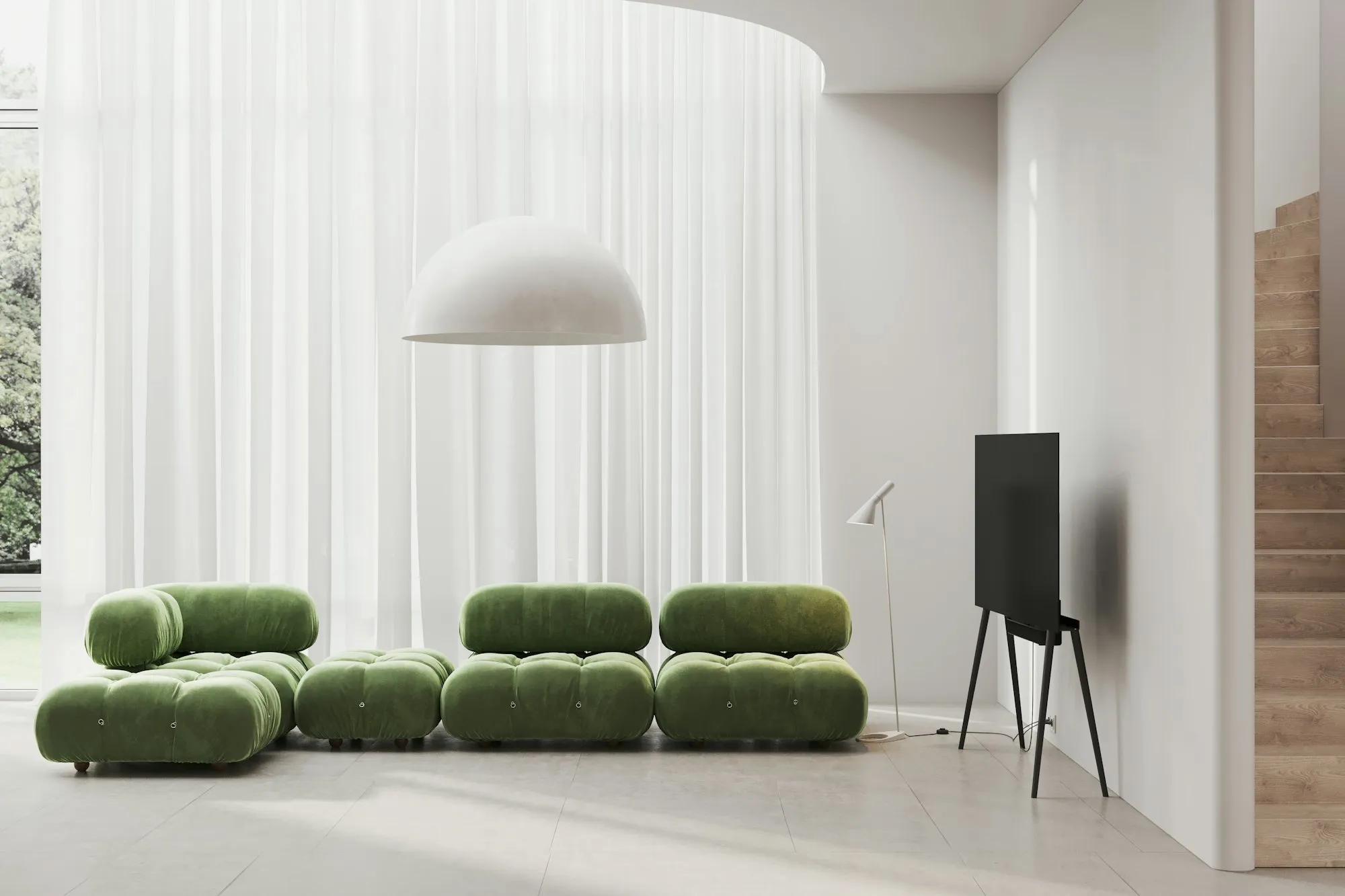 Bright minimal living room with green modular sofa