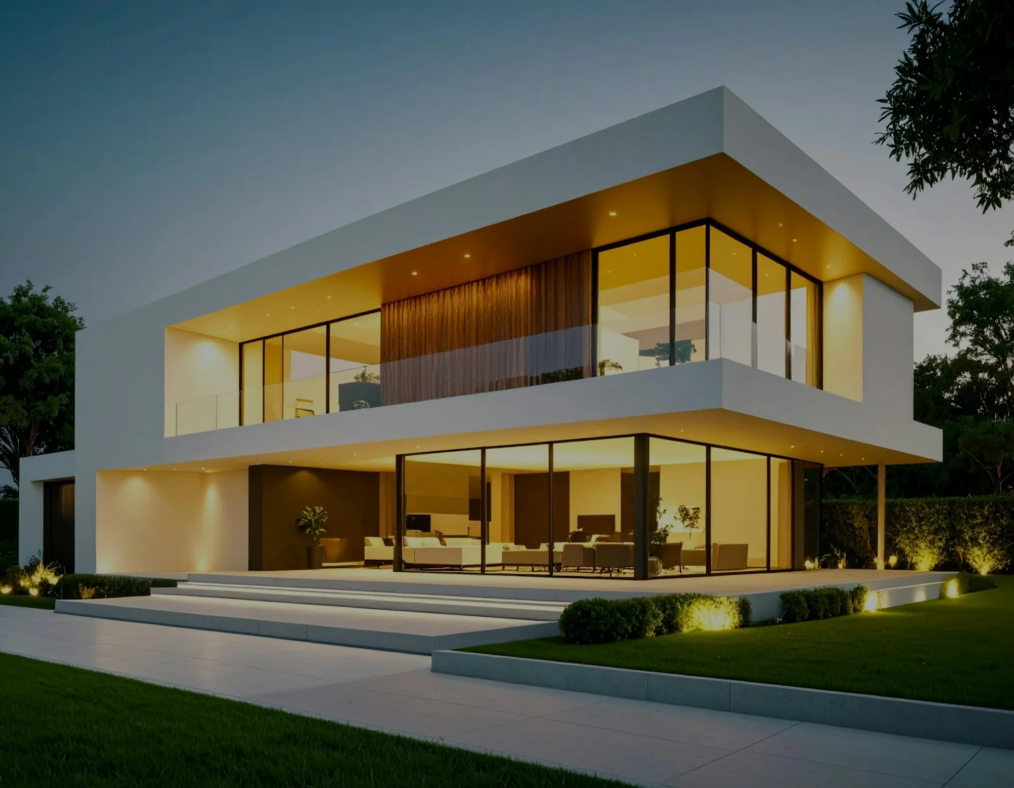Modern villa glowing at dusk