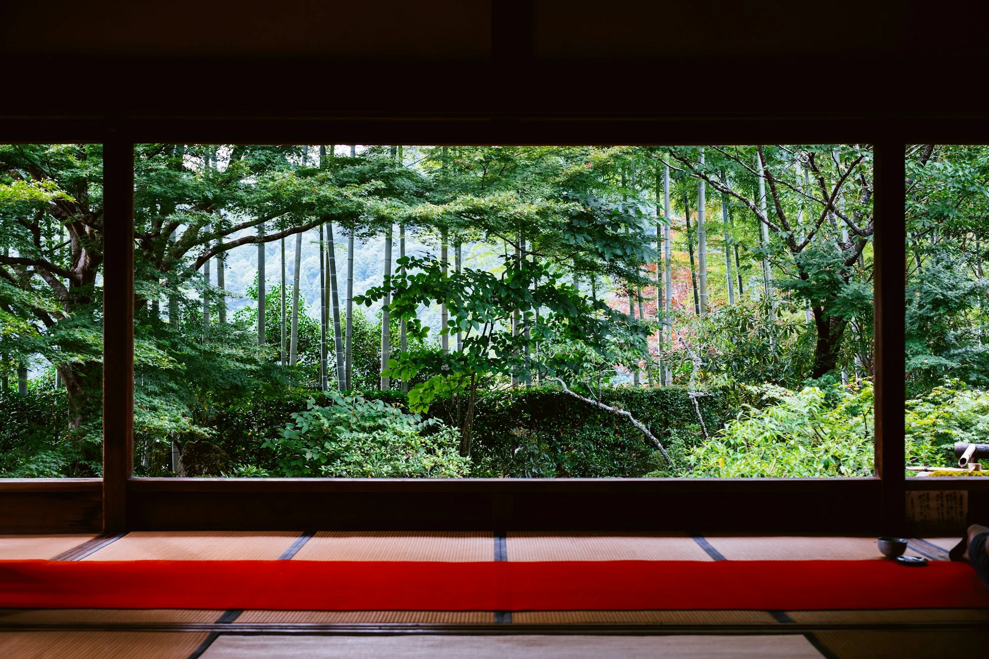 Room opening onto a green garden through wide timber frames